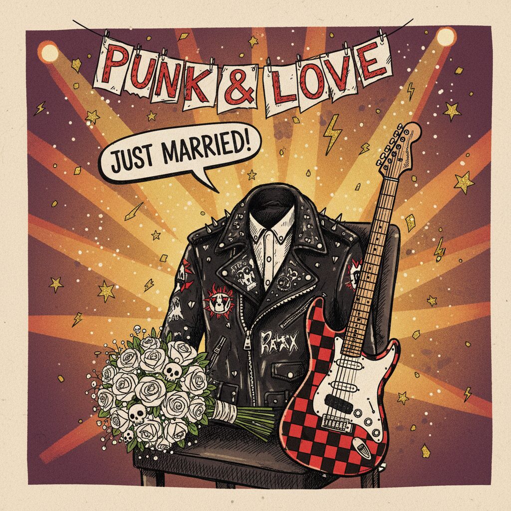 バイきんぐ小峠英二さんの結婚を祝う、パンクロックとウェディングが融合したイメージ画像