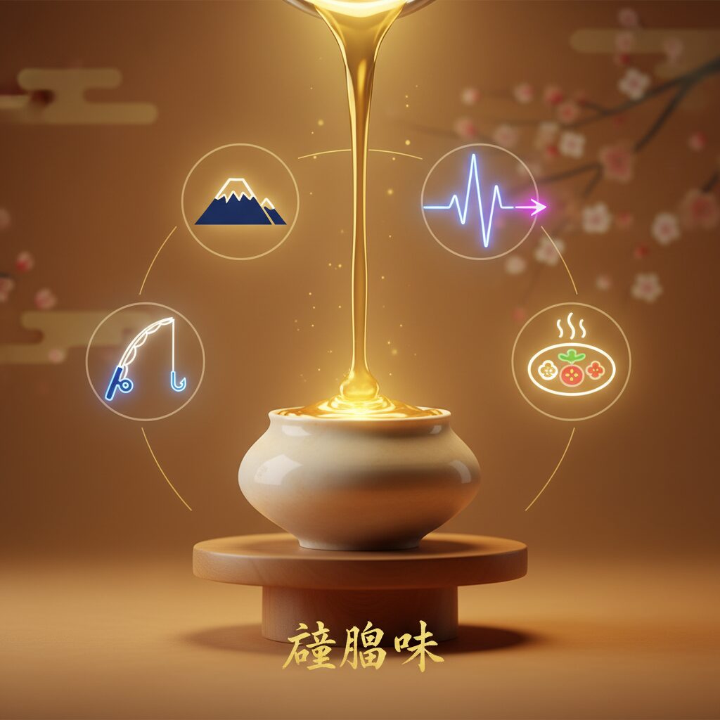 仏教の伝統的なシンボルと現代的な趣味（釣り、登山、食）が融合したイメージ。中心には輝く黄金の液体（醍醐）があり、周囲には人々の生き生きとした活動が描かれている。