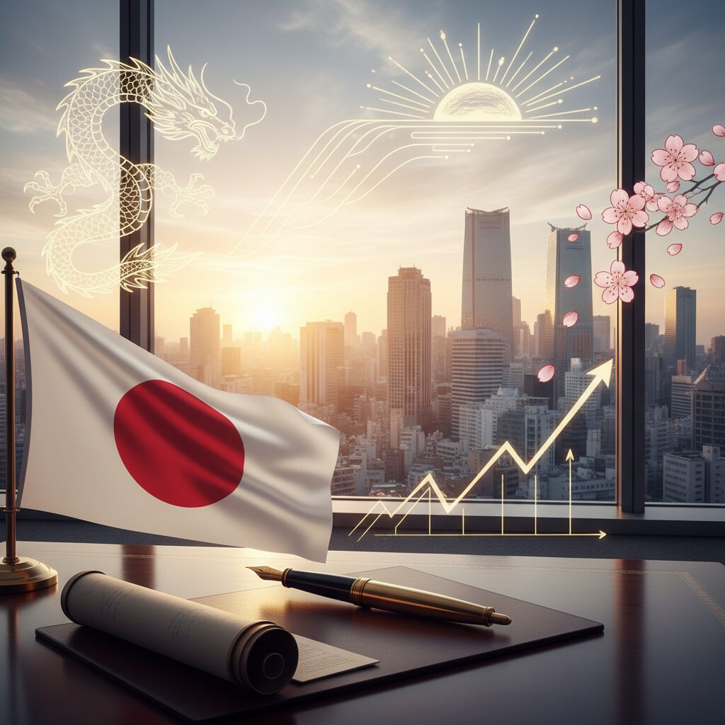 日本の政治的リーダーシップと経済成長を象徴する、日の出とモダンなオフィスのイメージ