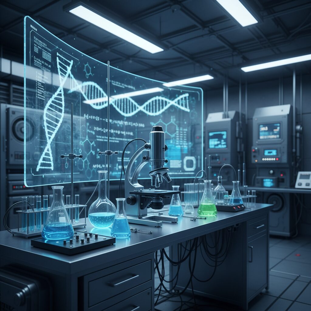 科学捜査の現場をイメージした顕微鏡とデジタルの分析画面のイラスト