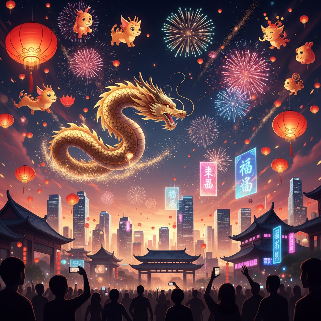 2026年の春節を祝う幻想的なランタンと龍のイラスト