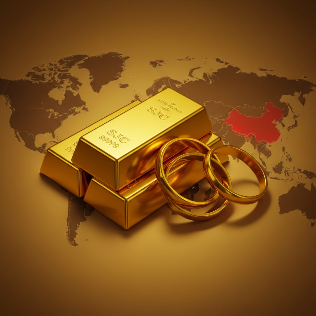 ベトナムのSJC金塊と金指輪、背景に世界地図と地政学リスクを象徴するグラフィック