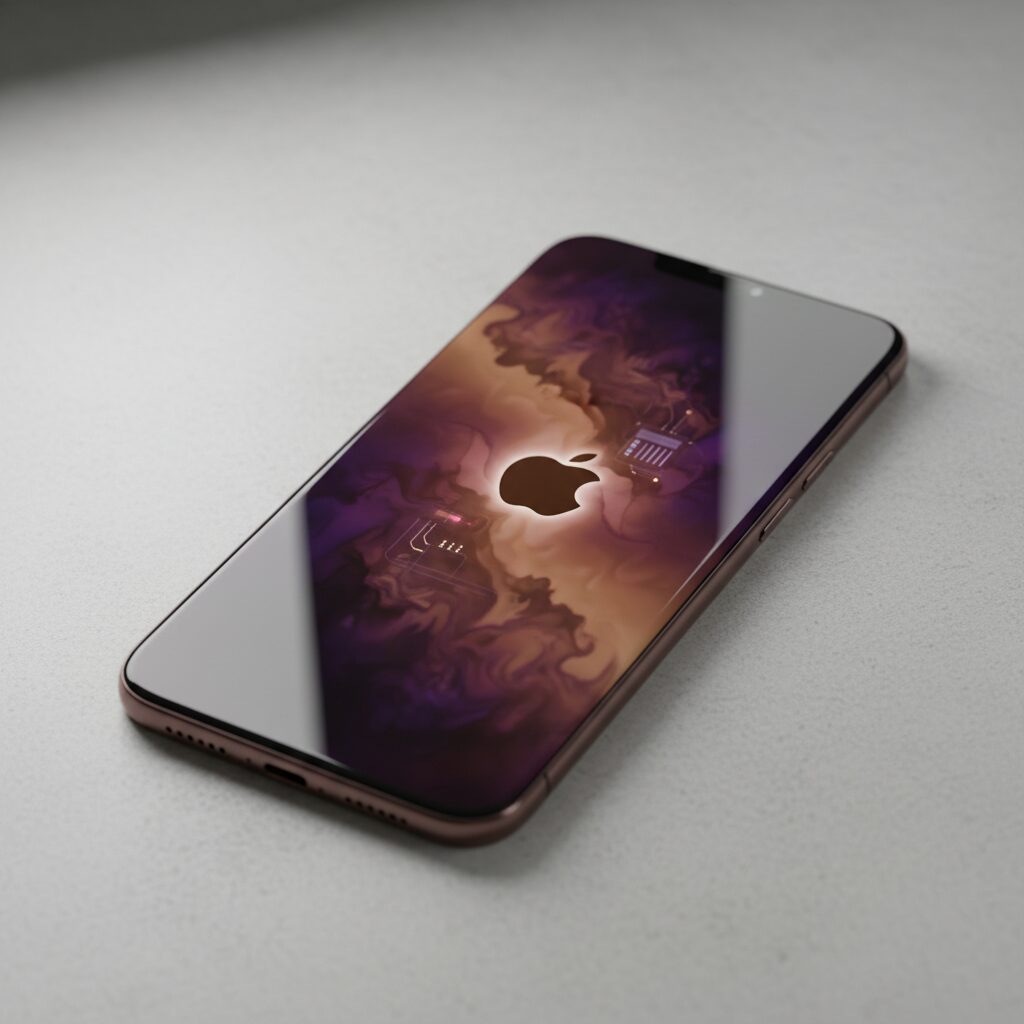 iPhone 18のデザインコンセプト画像。全画面ディスプレイと透明感のある背面デザインが特徴。