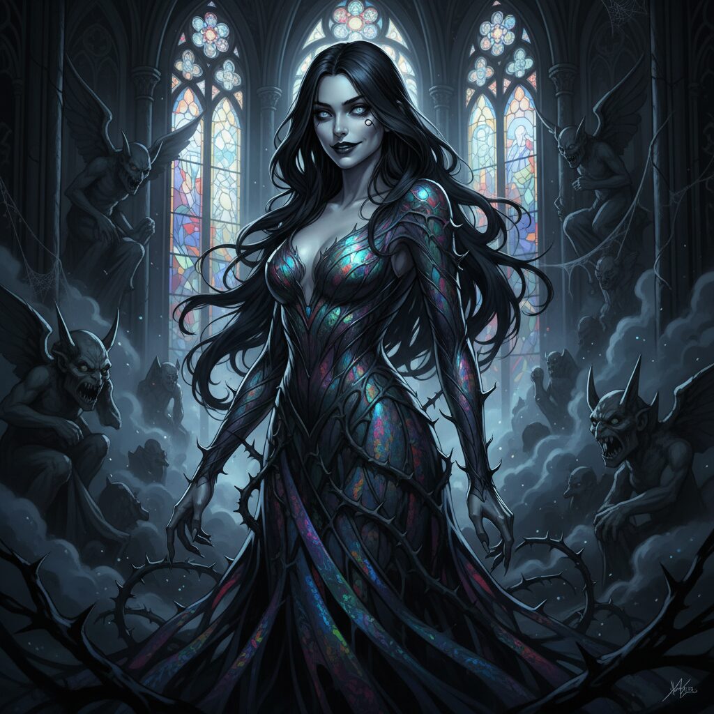 伊藤潤二氏のキャラクター「富江」を彷彿とさせる、冷たくも美しい女性のミステリアスなイラスト。オーロラのような輝きを放つダークな背景。