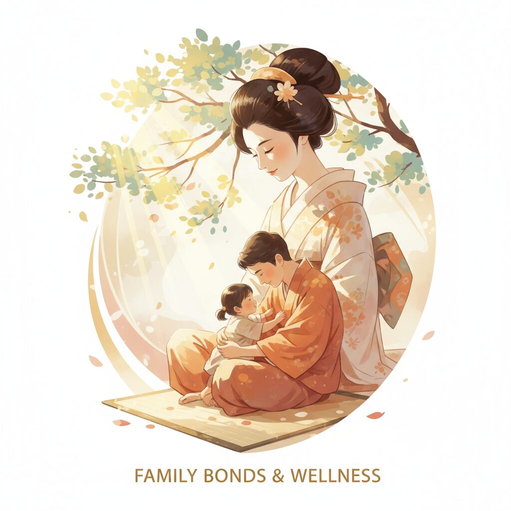 Elegant Japanese female actress looking thoughtfully with soft warm lighting and symbolic links representing family bonds.