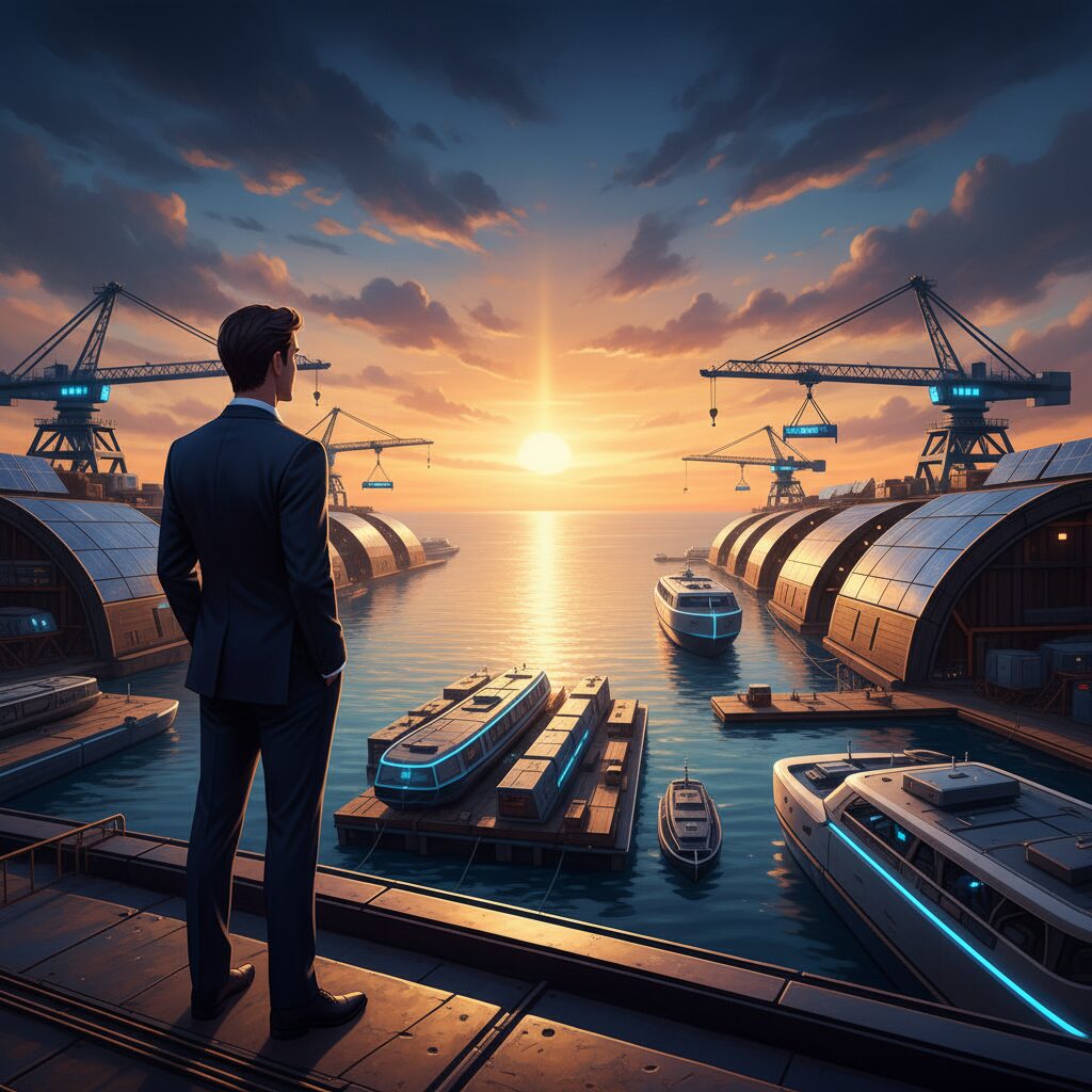 穏やかな瀬戸内海と造船所のクレーンを背景に、将来を見据えるスーツ姿の男性のシルエット。誠実さと安定感を感じさせるイメージ。