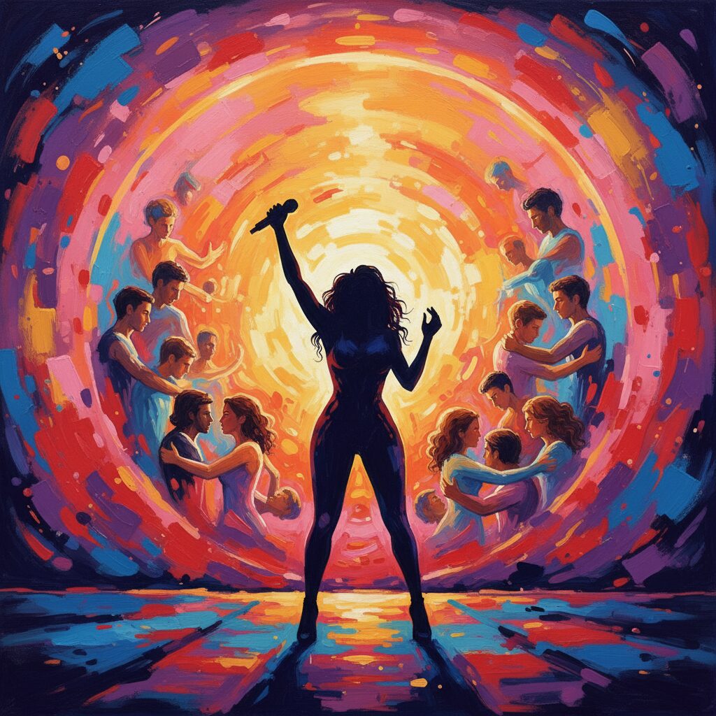 マイクを持って力強く歌うシンガーと、それを温かく見守る観衆のシルエット。多様性と家族の絆を表現した抽象的なイメージ。