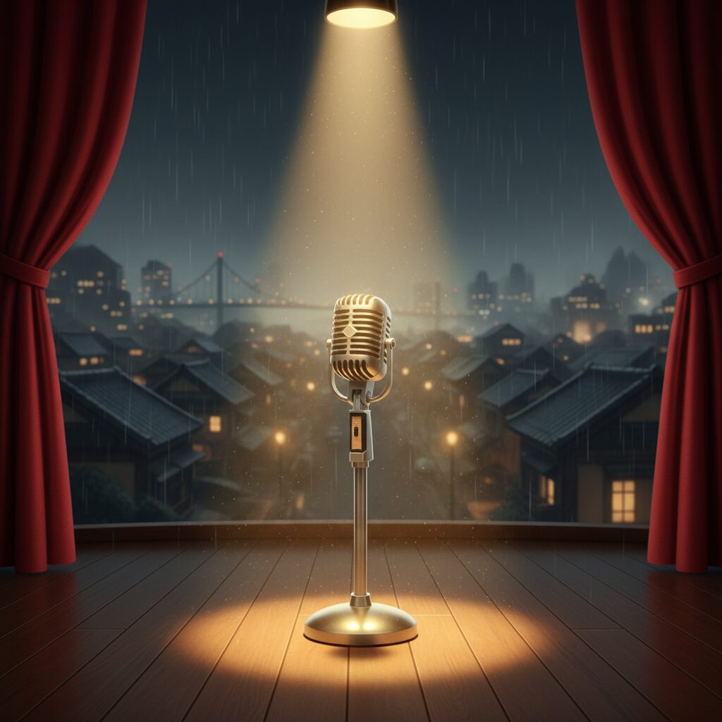 夜のステージでライトに照らされたヴィンテージマイクとノスタルジックな風景のイメージ