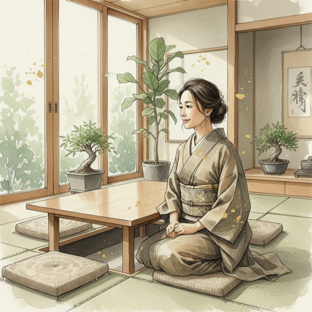 落ち着いたトーンの洗練されたモダンな和室の風景。柔らかな光が差し込み、観葉植物が配置された心地よい空間。年齢を重ねる美しさを象徴するイメージ。