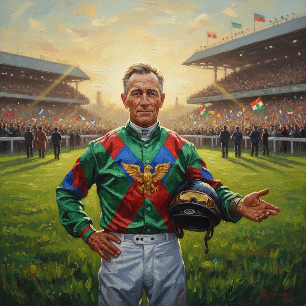 56歳で日本ダービーを制覇し、スタンド前で深々とお辞儀をする横山典弘騎手のイメージイラスト。伝統と気品を感じさせる雰囲気。