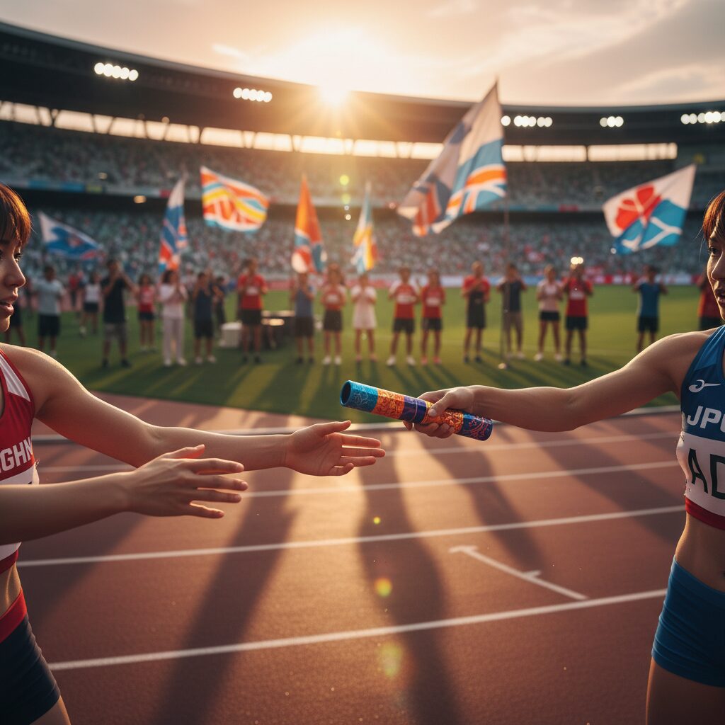 都道府県対抗女子駅伝でタスキを繋ぐ女性ランナーのドラマチックなシーン