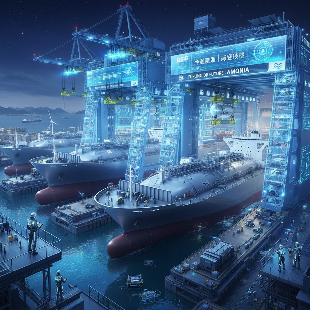 今治造船の巨大なドックで建造されるコンテナ船と、最先端の環境対応技術を象徴するイメージ図。