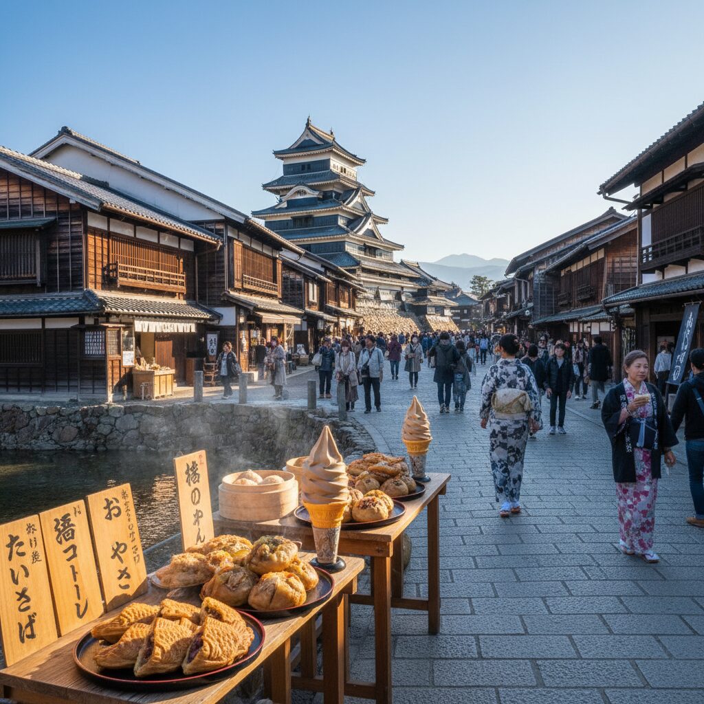 松本城下の縄手通りと中町通りの街並み、たい焼きやおやきなどの食べ歩きグルメのイメージ。