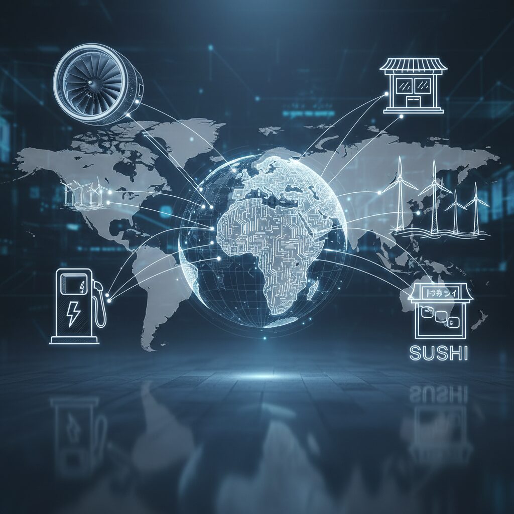 A global image of Sojitz Corporation's diverse business fields including aviation, automotive, and energy.