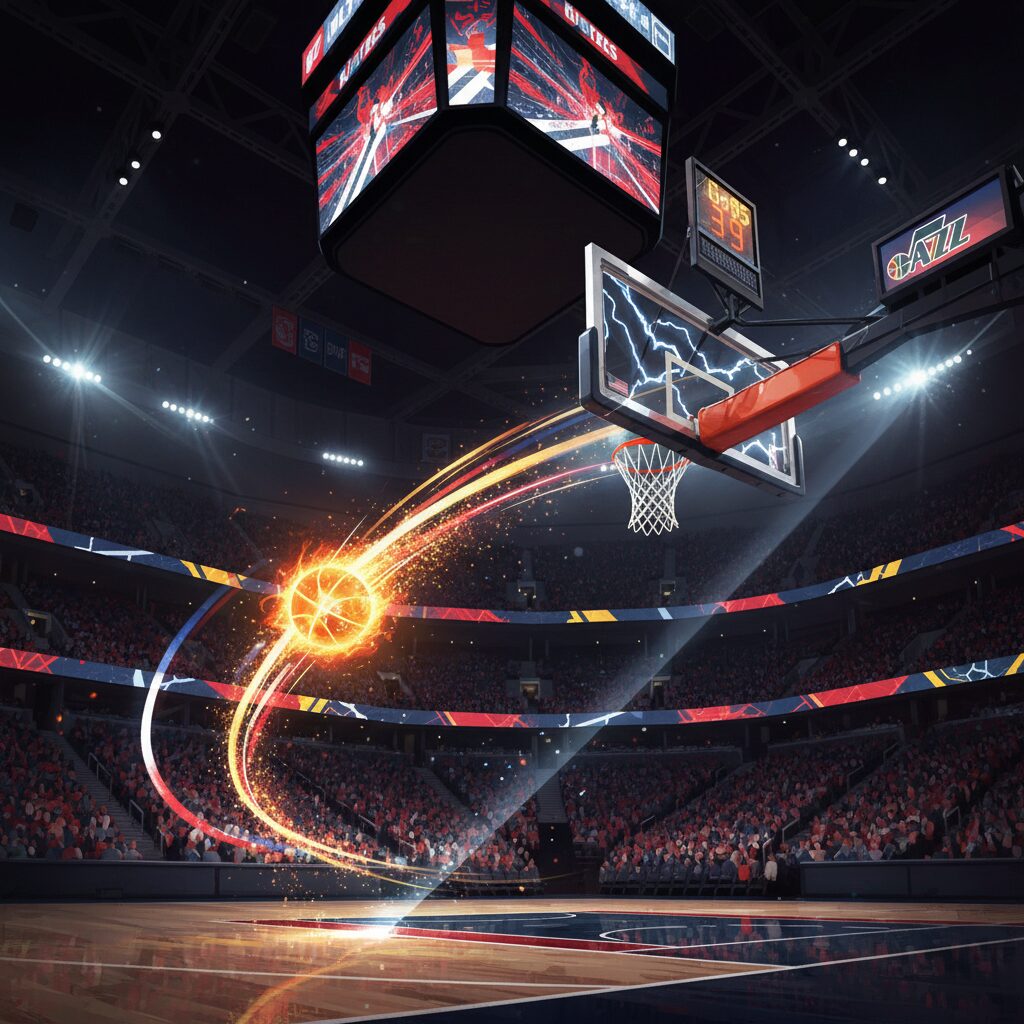 NBAのポートランド・トレイルブレイザーズとユタ・ジャズが激突するバスケットボールの試合イメージ。熱狂的なアリーナと躍動感のある演出。