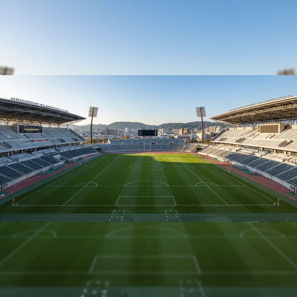 青空の下に広がる東大阪市花園ラグビー場の全景と美しい芝生