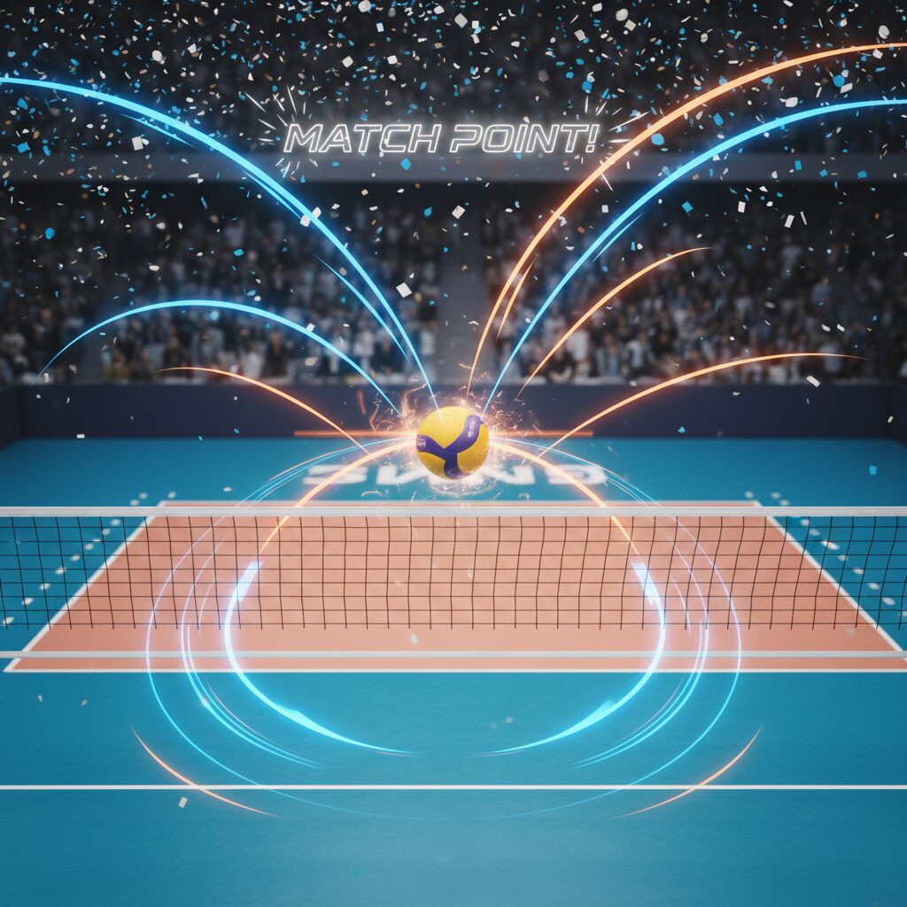 春高バレー2025の決勝が行われる明るいバレーボールコートとネット際のボールのイメージ