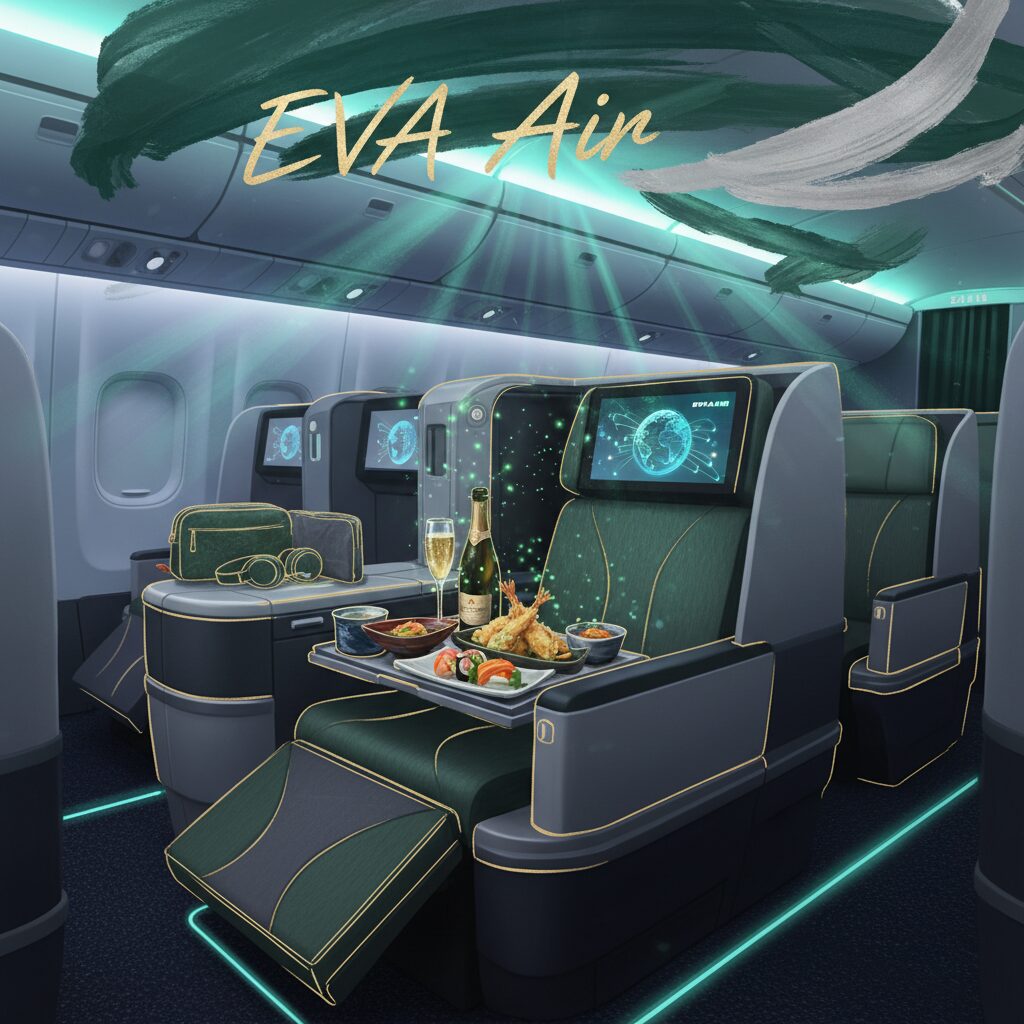 エバー航空の豪華なビジネスクラス、ロイヤルローレルクラスの機内。フルフラットシートと高級な機内食、シャンパンが並ぶ洗練された機内空間。