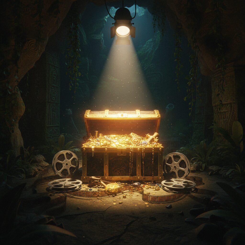 黄金の財宝と古い映画フィルムが重なり合うドラマチックなイメージ