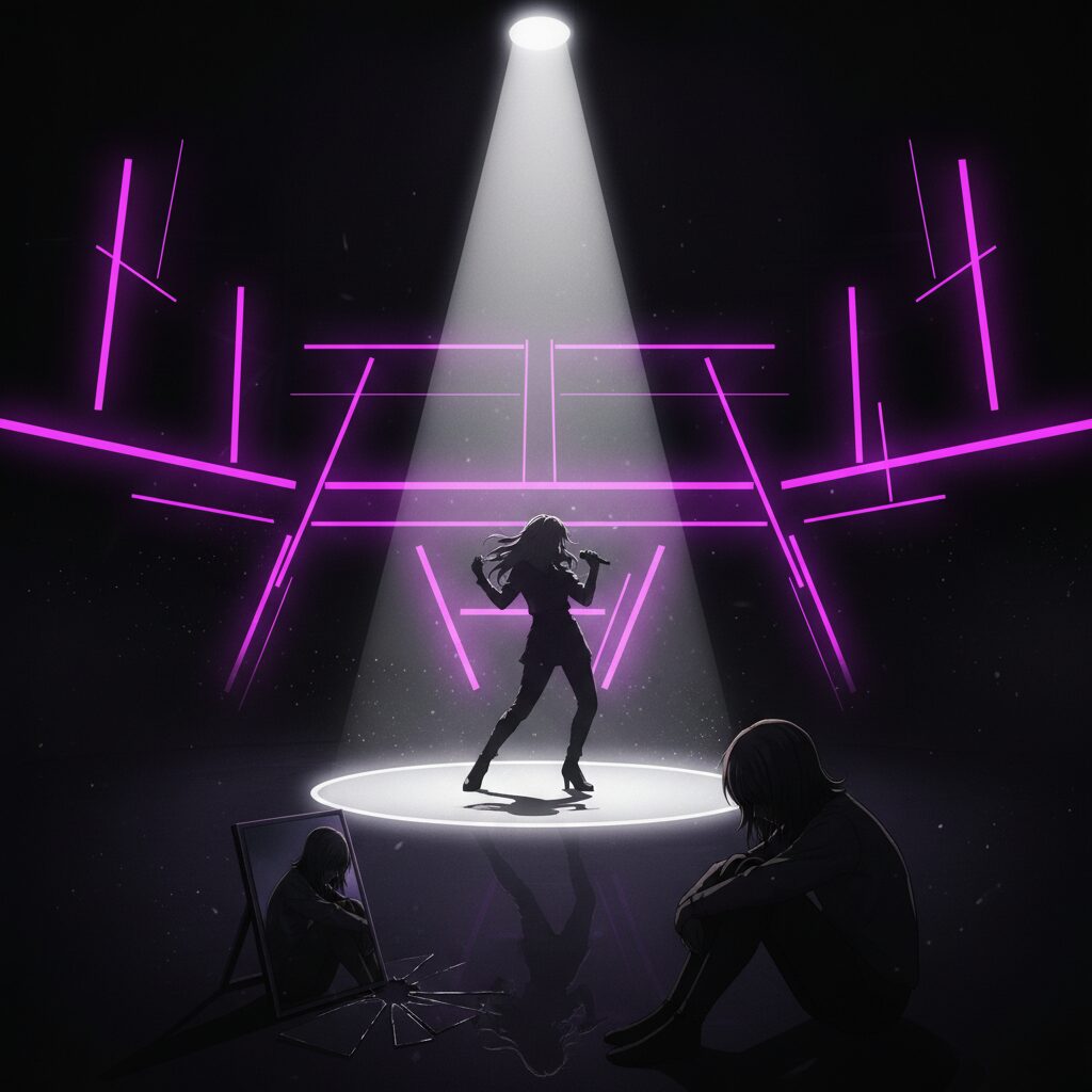 華やかなステージで輝くアイドルと、鏡に映る孤独な影を描いたイラスト。光と影のコントラストが特徴的。