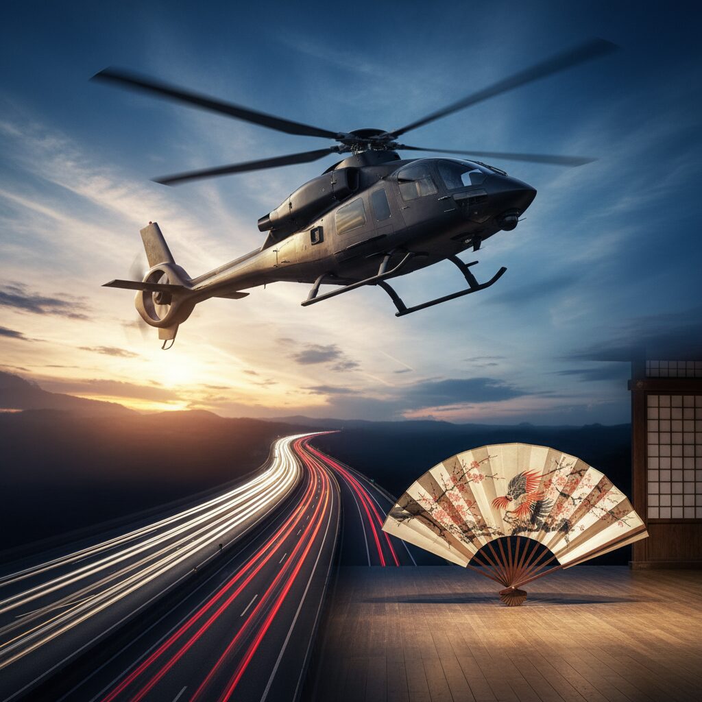 空を飛ぶヘリコプターと高級車、そして伝統的な日本の舞台を象徴するイメージ画像。騒動の緊迫感と伝統文化の融合を表現。