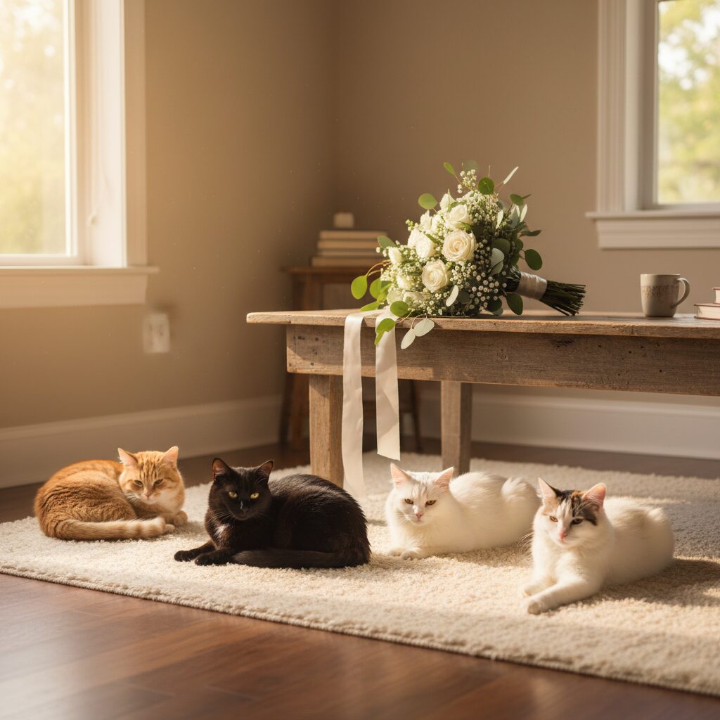 日差しが差し込む部屋でくつろぐ猫たちと結婚を象徴する花束のイメージ