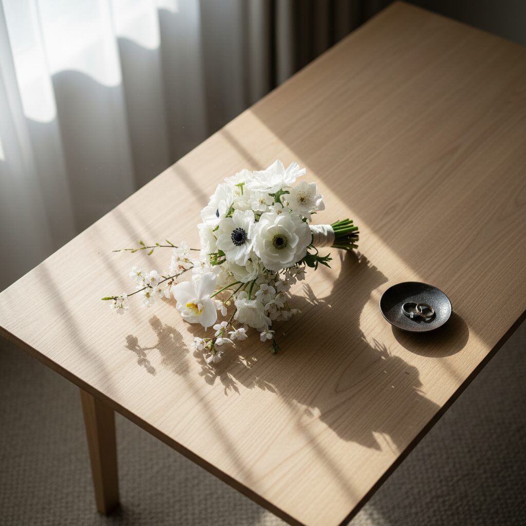 A peaceful scene symbolizing marriage with rings and flowers in soft light.