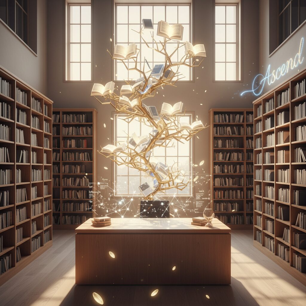 大学進学や学歴が注目されるIMP.佐藤新の知性と才能を象徴する、光の差し込む洗練された図書館のイメージ。