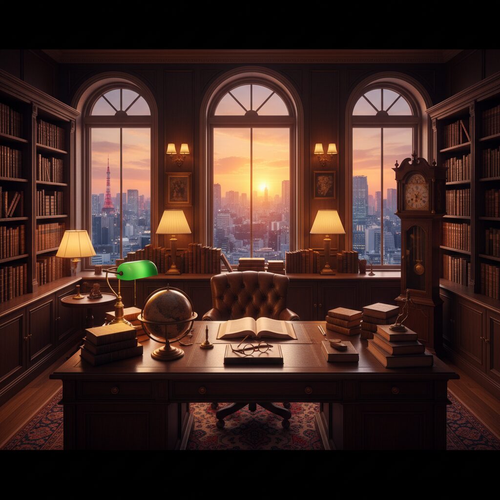 本や地球儀が置かれた知的な雰囲気の書斎と東京の景色
