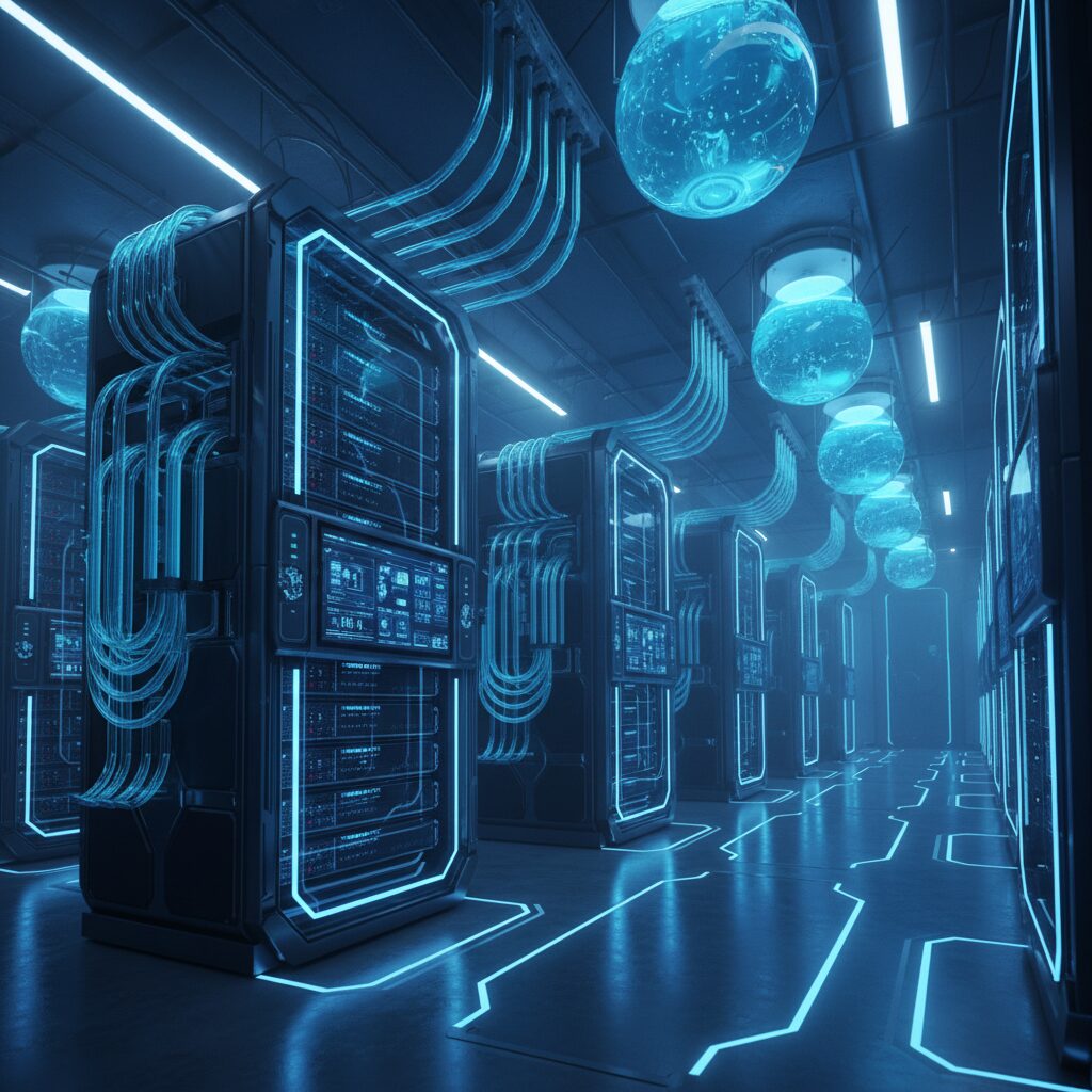 High-tech AI server racks with glowing blue liquid cooling tubes in a dark modern data center, representing SMCI technology.