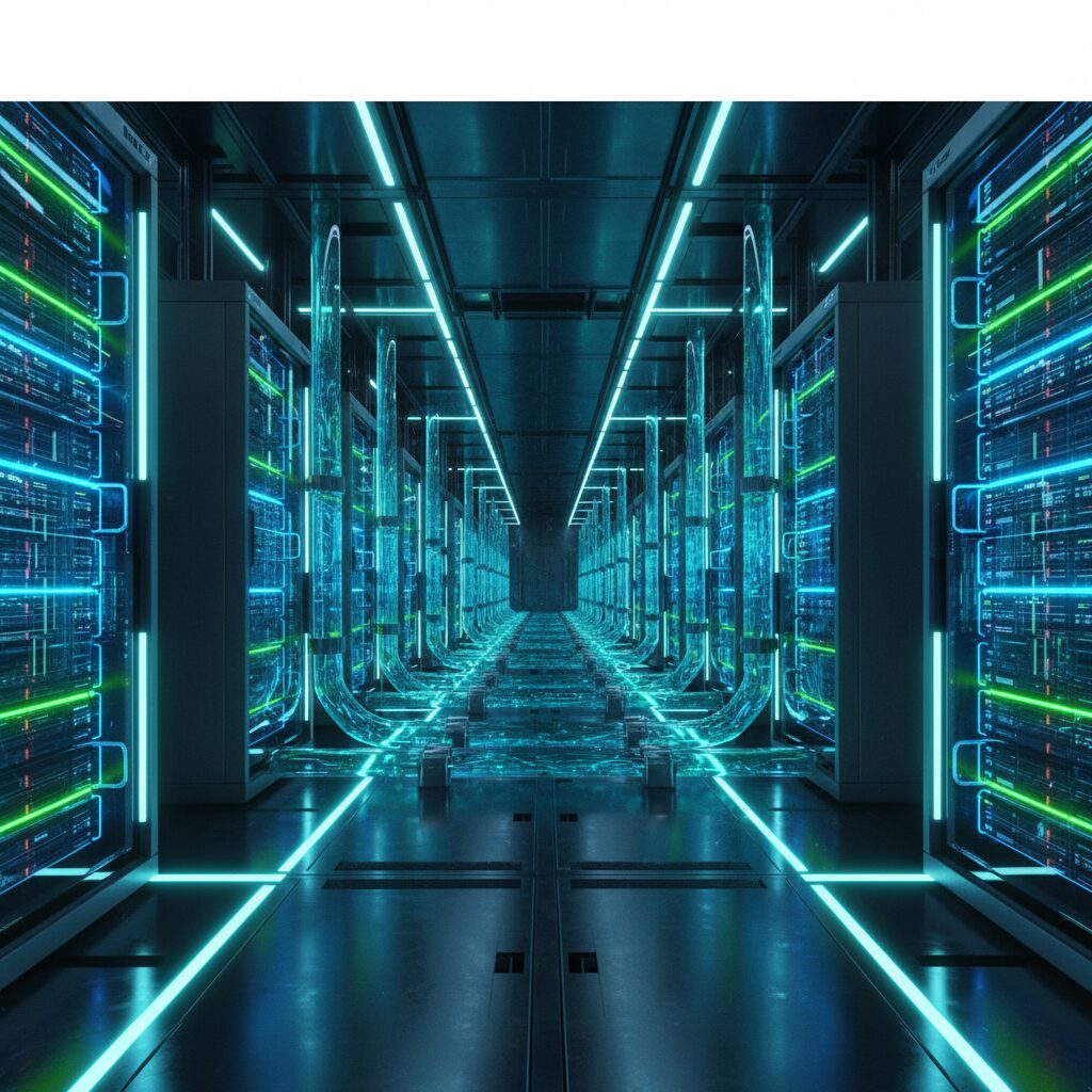 AIサーバーが整然と並ぶデータセンターのイメージ。青と緑の光がハイテク感を演出。