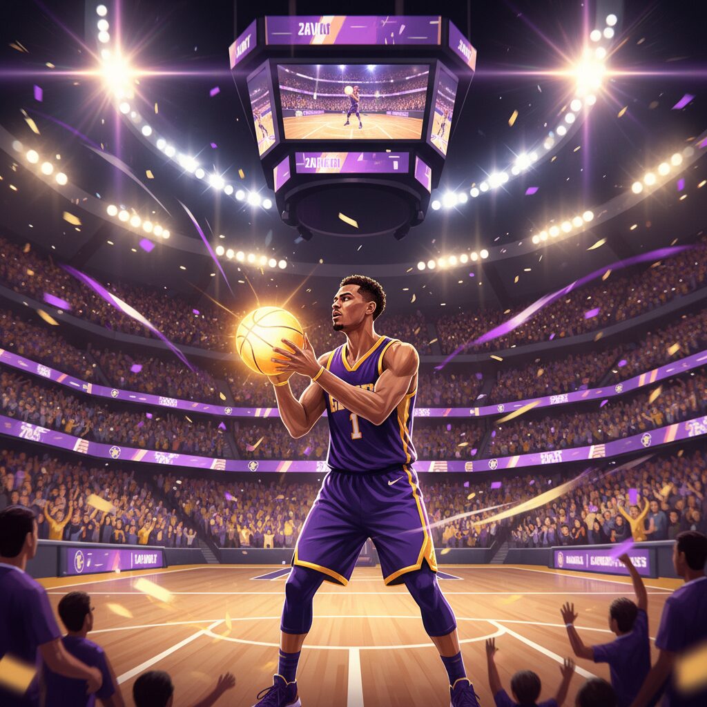 NBAの試合で輝くスター選手とバスケットボールのイメージ