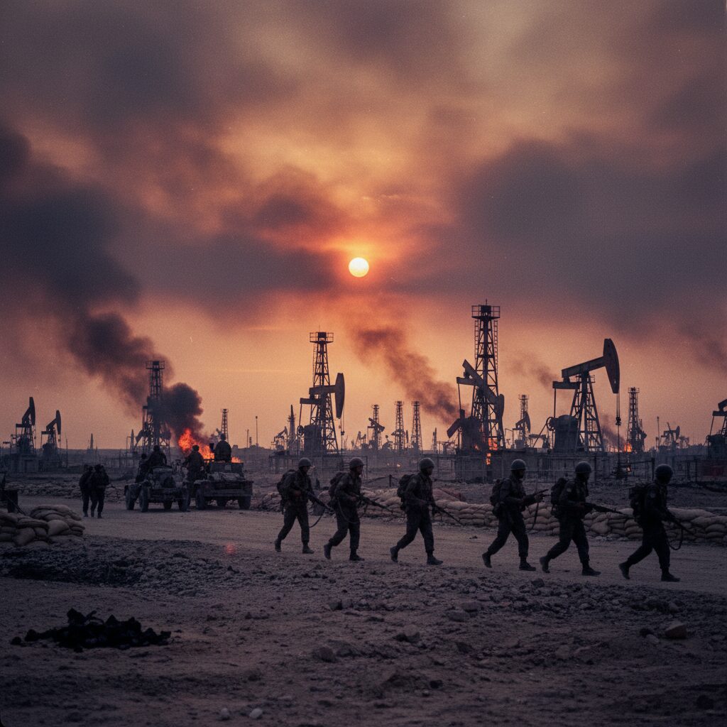 イラン・イラク戦争の記憶を象徴する、夕暮れ時の中東の風景と兵士のシルエット、石油施設のイメージ。