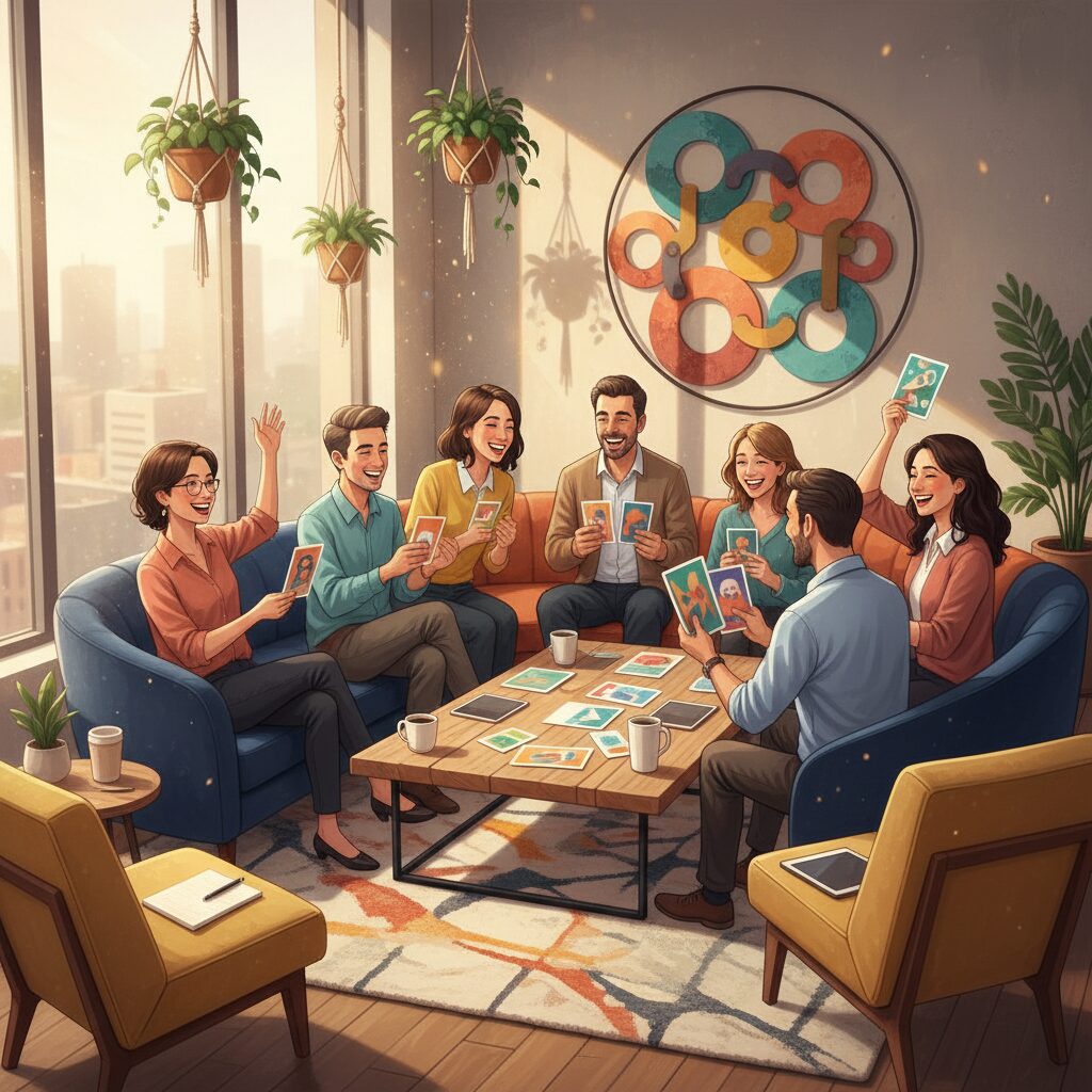 明るいオフィスで楽しそうに交流するチームの様子