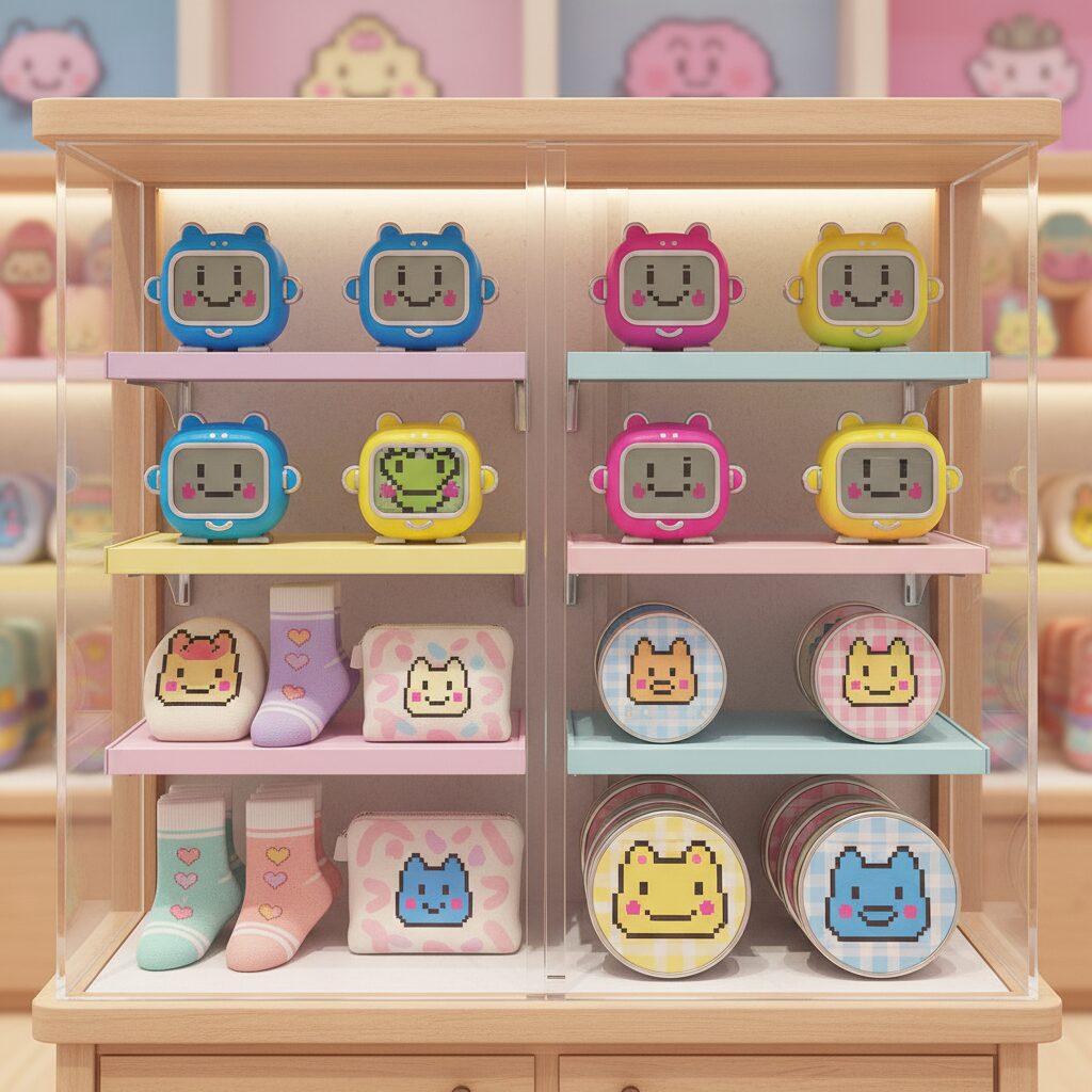 Tamagotchi character goods displayed on a shelf, including socks and pouches, with a retro vibe.
