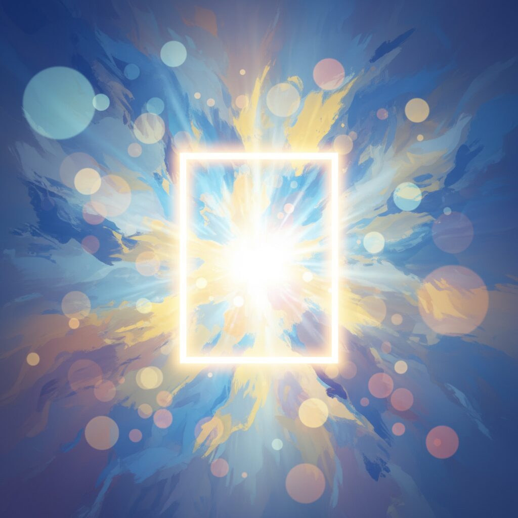 リフレーミングを象徴する、明るく輝く額縁と新しい視点が開けるイメージ図