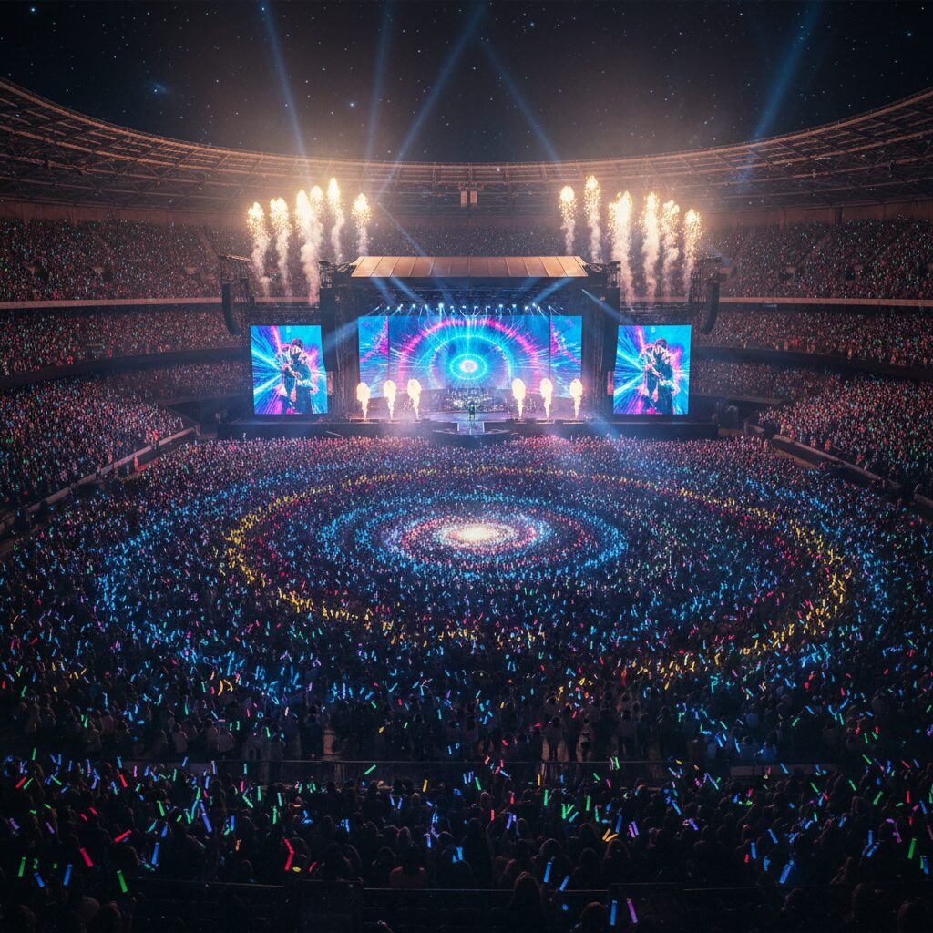 数万人のファンが振るペンライトが波のように光り輝く広大なドーム球場のライブ風景