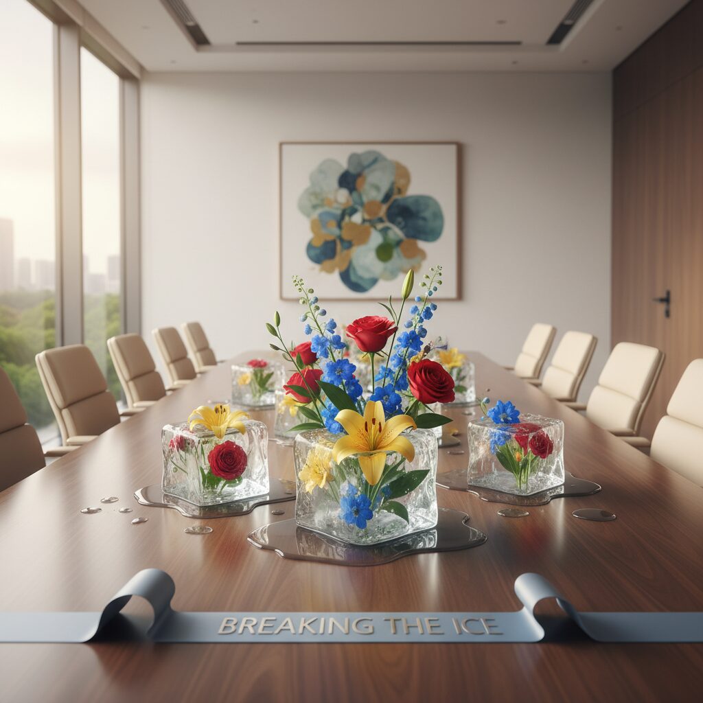 冷え切った氷が溶けて色鮮やかな花が現れる、コミュニケーションのアイスブレイクを象徴するイメージ画像