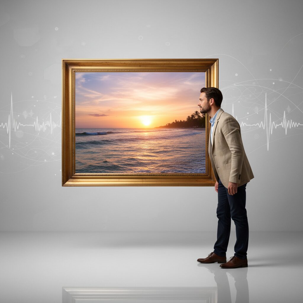 リフレーミングを象徴する、暗い背景から明るい景色を覗く額縁のイメージ