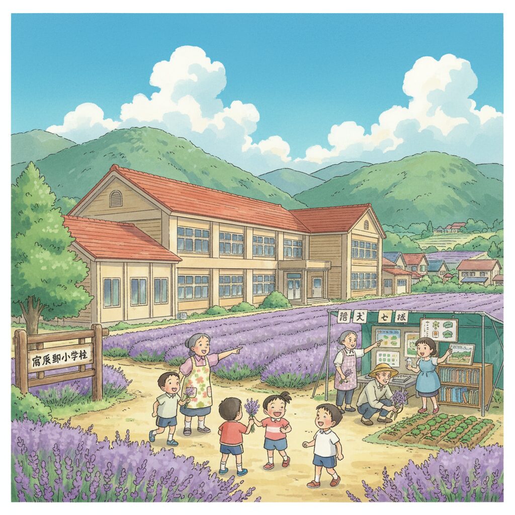 Elementary school children engaging in community-based learning activities in the natural landscape of Furano, Hokkaido.