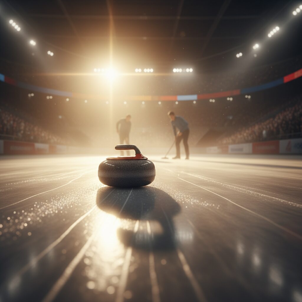 氷上を滑るカーリングストーンと、太陽のような明るい光が差し込む競技場の風景。