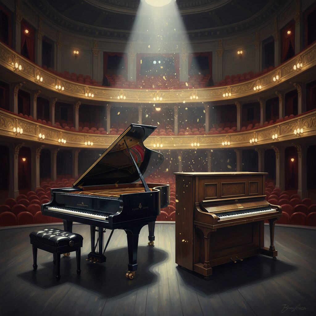 カーネギーホールのステージに並ぶフルコンサートピアノとアップライトピアノ、黄金色の光に包まれた幻想的なコンサート会場の風景