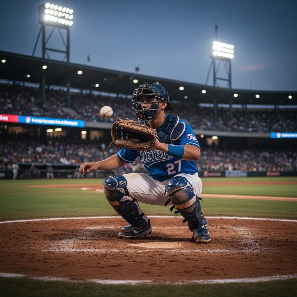 横浜DeNAベイスターズのユニフォームを着て捕手として構える若手選手のイメージ