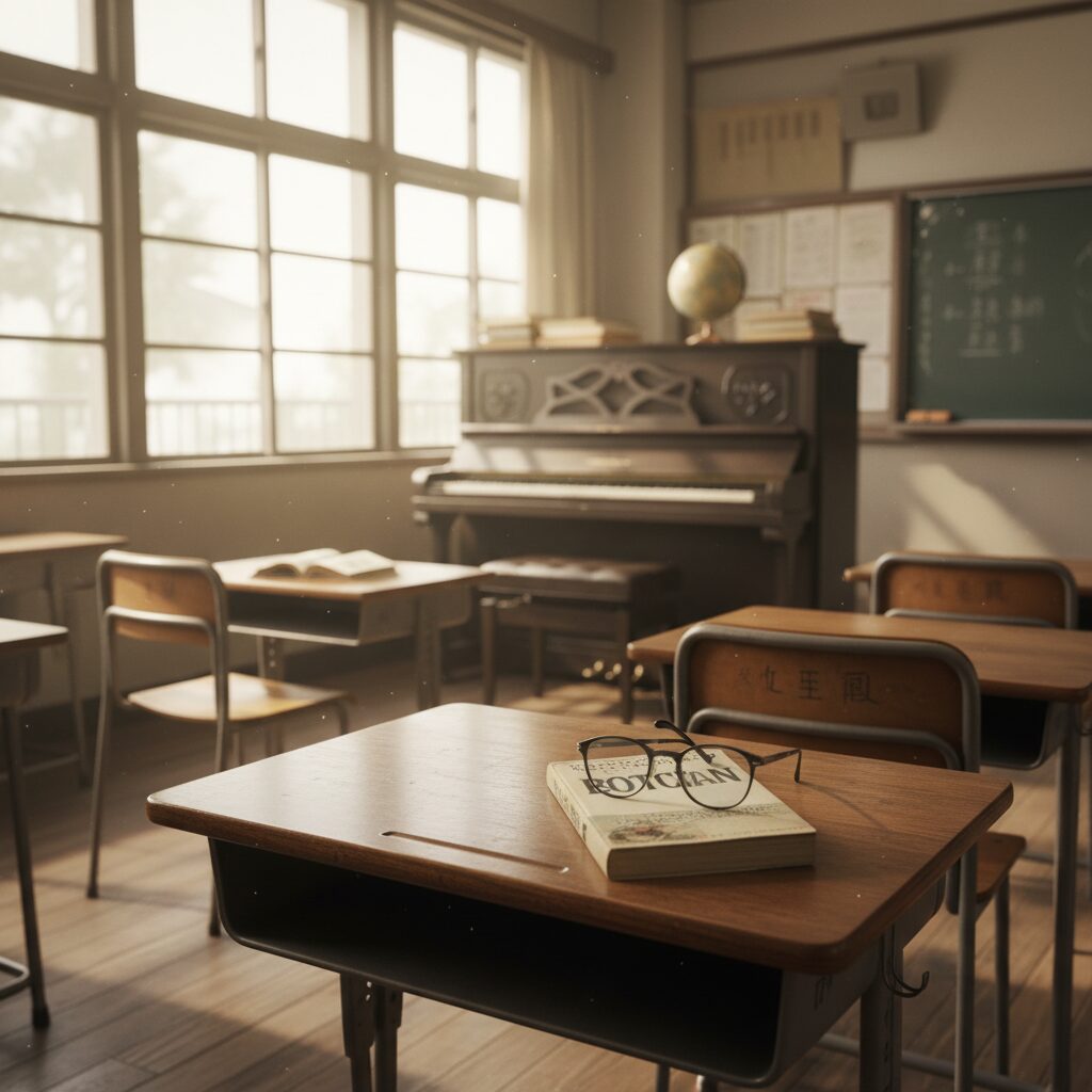 明るい日差しが差し込む日本の高校の教室、机の上に置かれた本と眼鏡、そして音楽室を連想させるピアノの風景。長濱ねるさんの学生時代をイメージした知的な雰囲気。