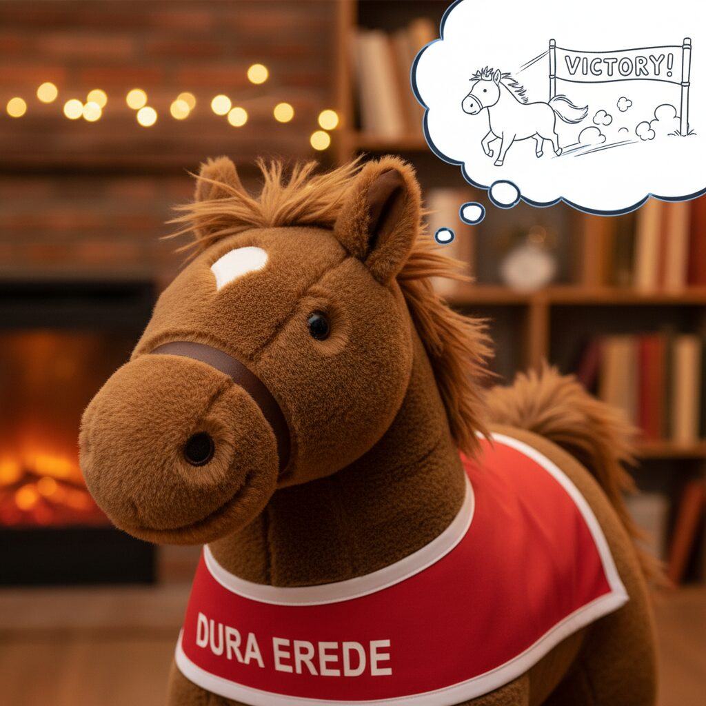 ドゥラエレーデの大きな馬のぬいぐるみ。ふわふわした質感で、レース用のゼッケンを身に着けている様子。