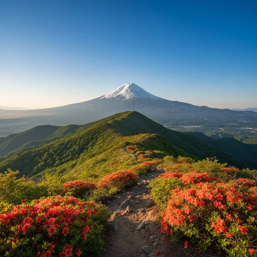 扇山の山頂から望む冠雪した富士山と手前に咲くオレンジ色のツツジ
