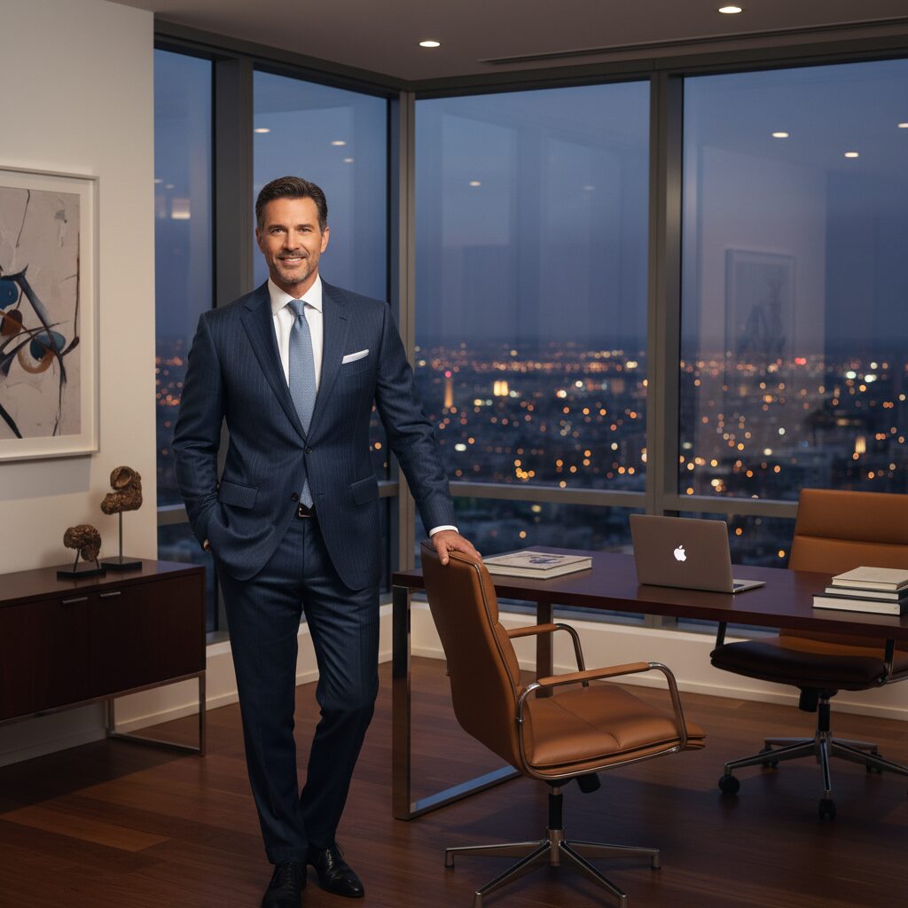 スーツを着て前を見据える40代の男性俳優のイメージ画像