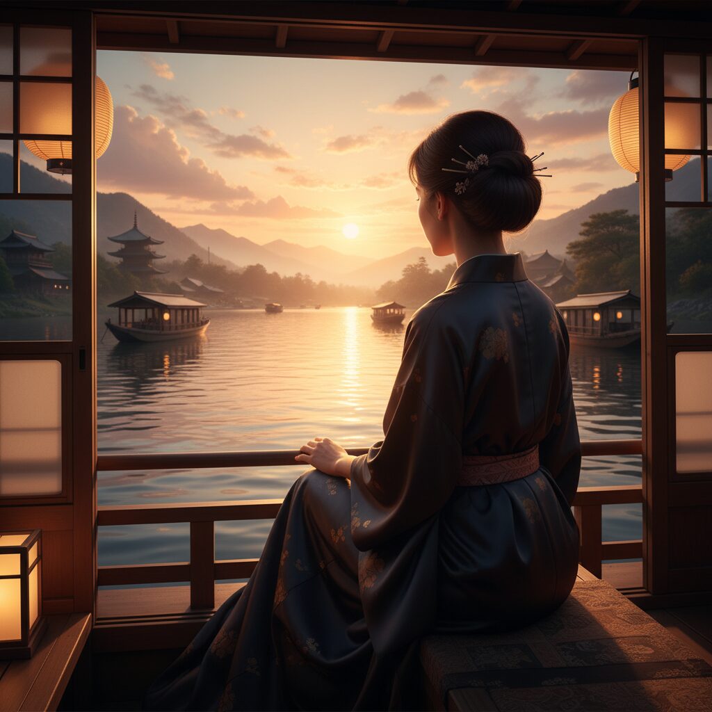 夕暮れの屋形船でゆったりと過ごす大人の女性のイメージ