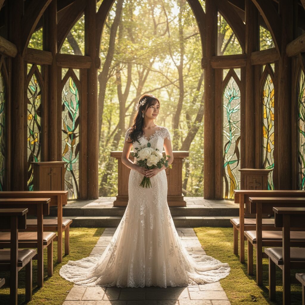 森の中の教会でウェディングドレスを着て微笑む女性のイメージ図。長濱ねるさんの結婚観を象徴する幻想的な雰囲気。