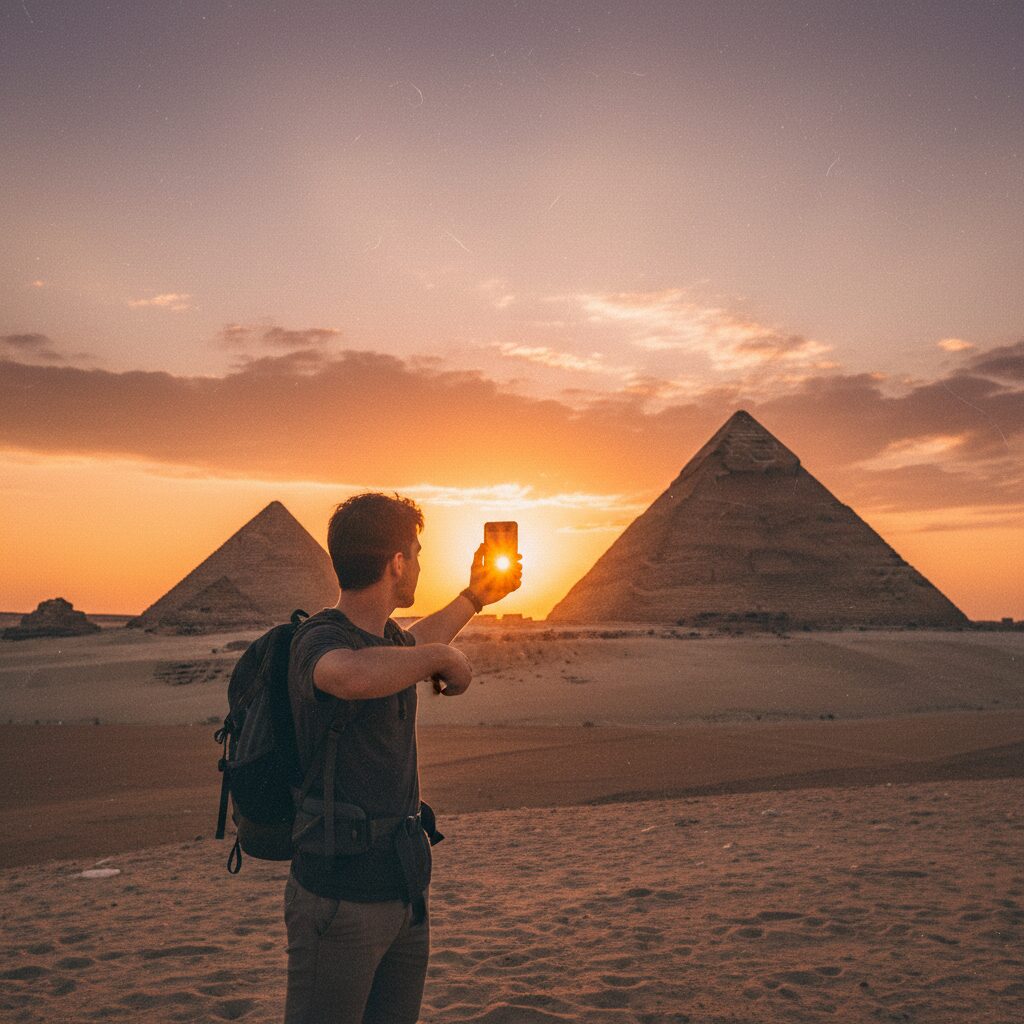 夕暮れ時のピラミッドを背景にスマートフォンで情報をチェックする若者のイメージ図